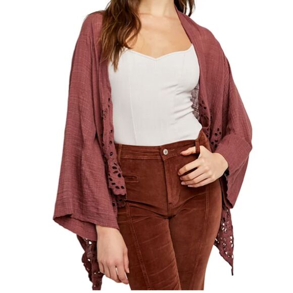 Free People One Kimono Shrug XS/ S Amaira Eyelet Open Front Cardigan Mauve Boho - Picture 6 of 11